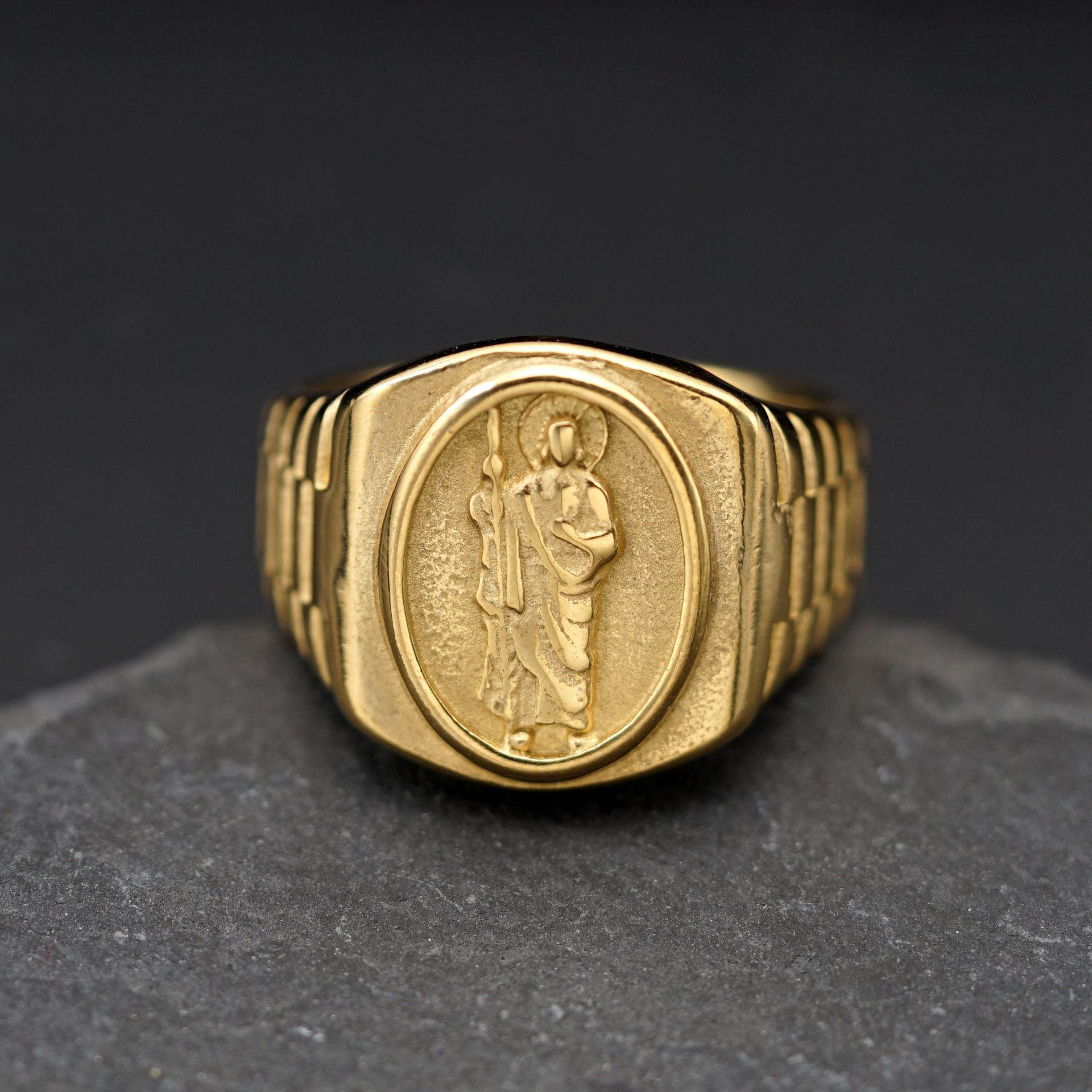 Stainless Steel Jesus Casting Ring 18k Gold Plated Mens Religious Jewelry