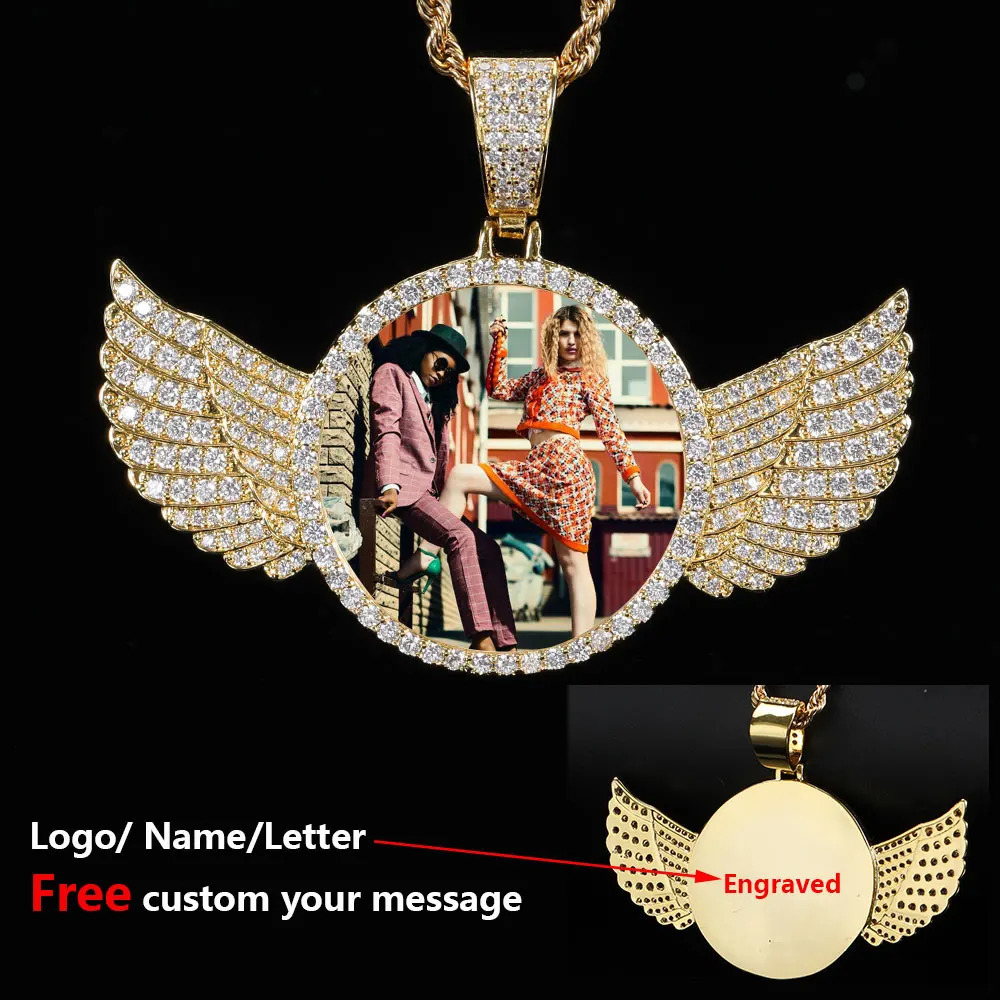 Direct hip-hop personalized pendant with shiny CZ commemorative picture necklace po customization without carved wings pendant 241018