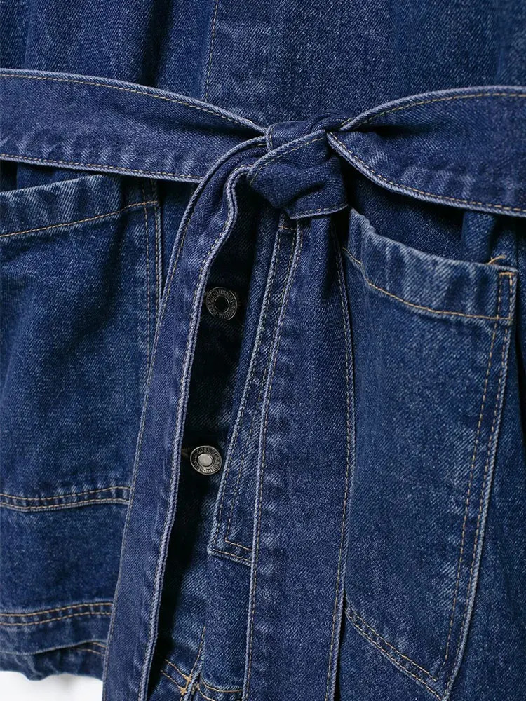 TRAF Autumn Vintage Denim Jacket Women Loose Sash Tie Up Mid Length Coat Y2k High Street Casual Chic Tops 241018