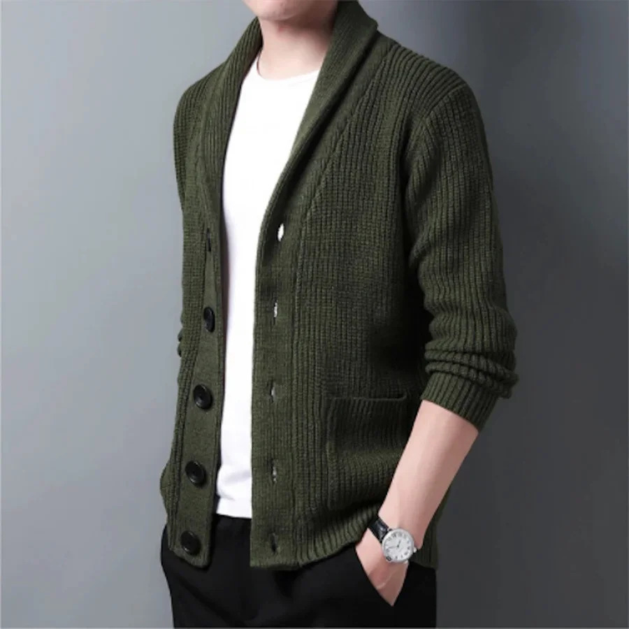 Army Green Cardigan Men Buttonup Sweater Autumn Winter Knitted Coat Thick Warm Casual Solid Streetwear Mens Fashion Clothing 241018