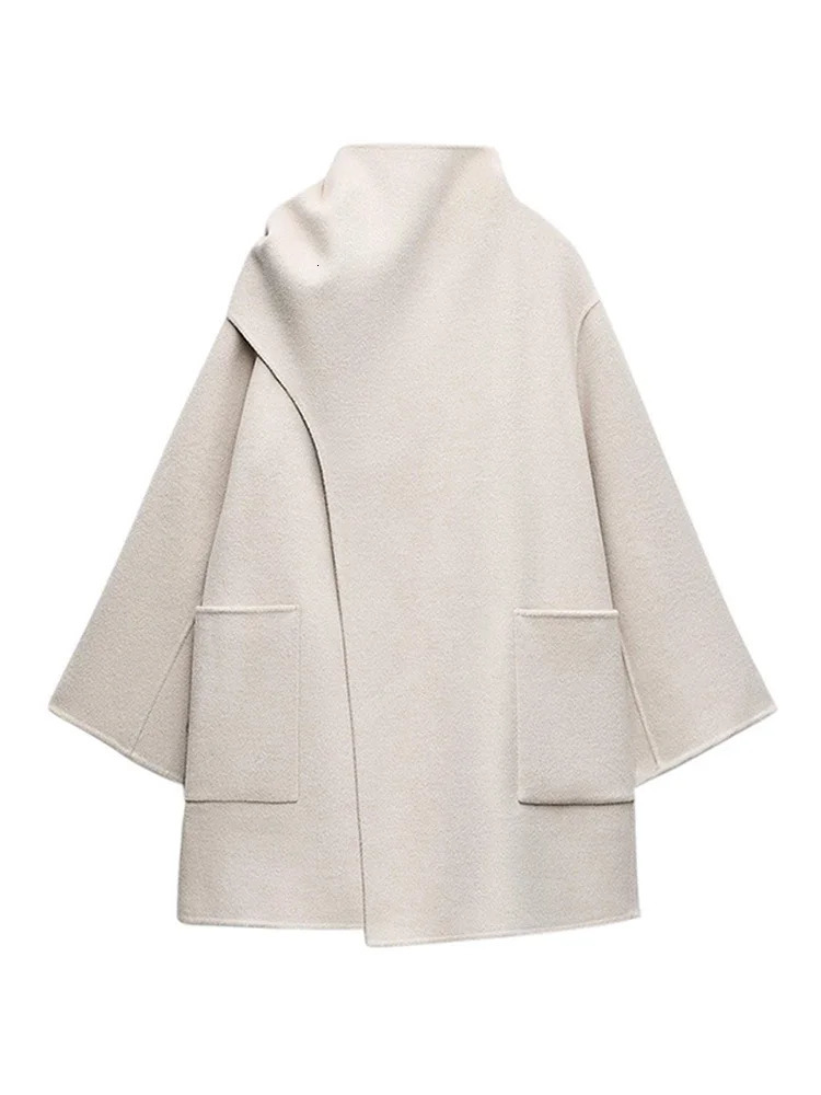 Elegant Scarf Collar Coat for Women Fashion Loose Long Sleeve Warm Jacket Autumn Winter Pocket Female Thick Outwear Street 241018