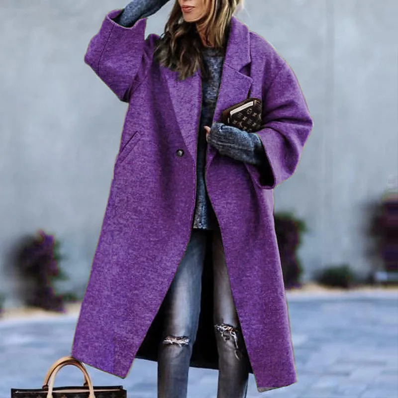Womens Long Wool Blends Coat with Pockets Loose Overcoat Chic Elegant Coats Green Lapel Outerwears Winter 241018