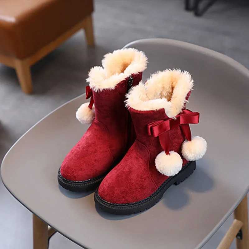 Boots Classic girls winter boots childrens warm and fluffy cotton shoes fashionable top-level childrens snow boots Swt bow princess version H241018