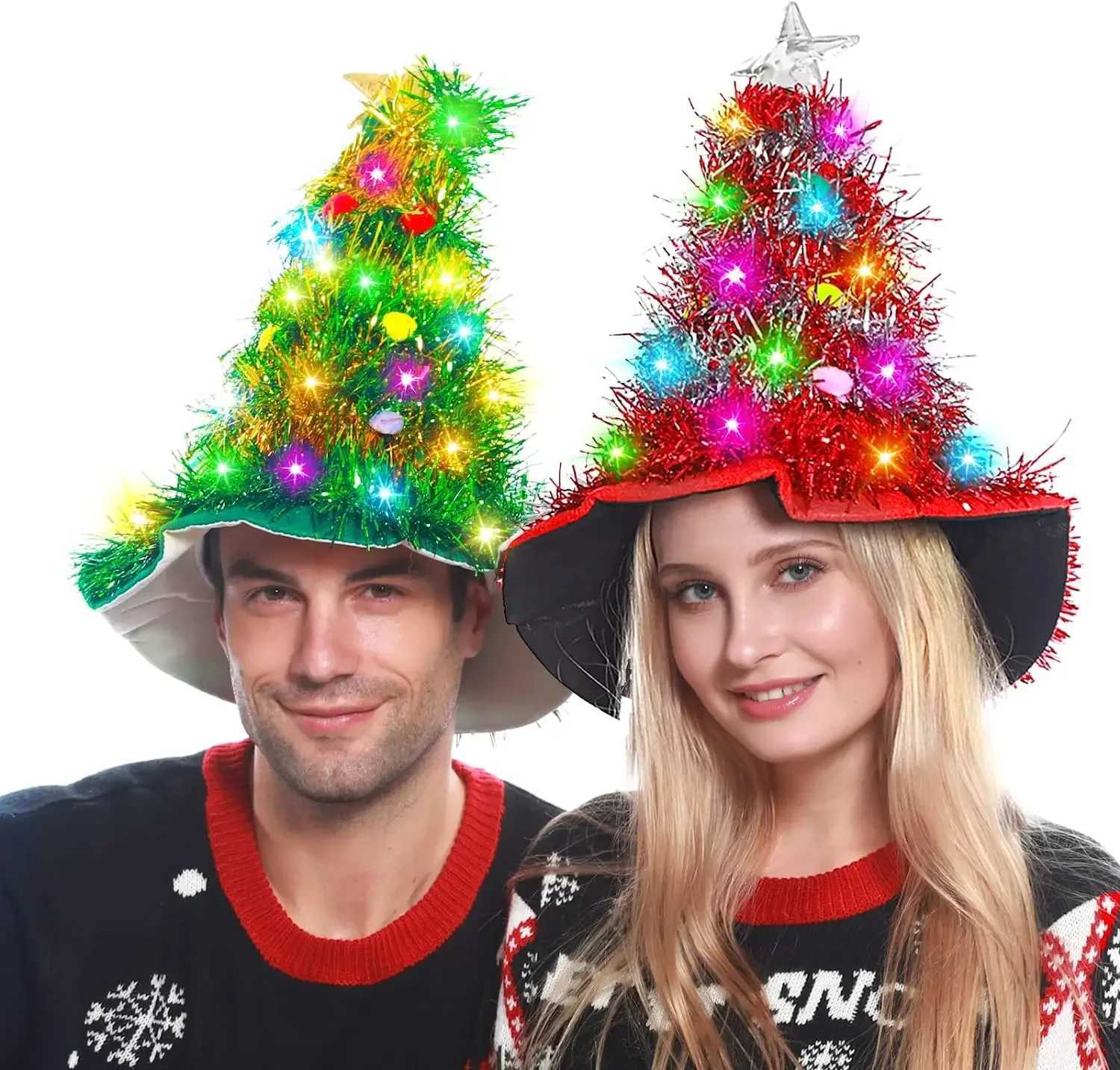 Stingy Brim Hats Christmas tree hat with Tinsel LED color lights Star New Year costume suitable for adults and childrens Christmas decoration Y241018K