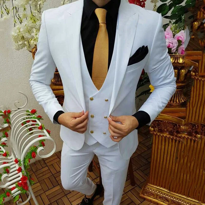 White Wedding Tuxedo Slim Fit Suits for Men 3 Piece Formal Jacket with Double Breasted Waistcoat Pants Male Fashion 2025