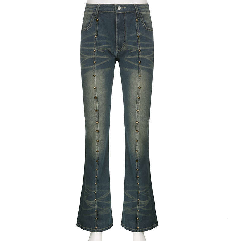 Designer Distressed Rivet Low Rise Jeans Women Y2k Aesthetic Slim Flare Pants Street Fashion Tech Retro Denim Trouser