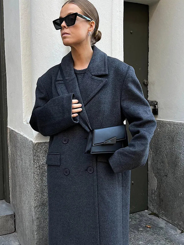 Retro Turn Down Collar Long Coat Women Autumn Solid Sleeve Maxi Coats Female Elegant Chic Oversize Double Breasted Outwear 241018