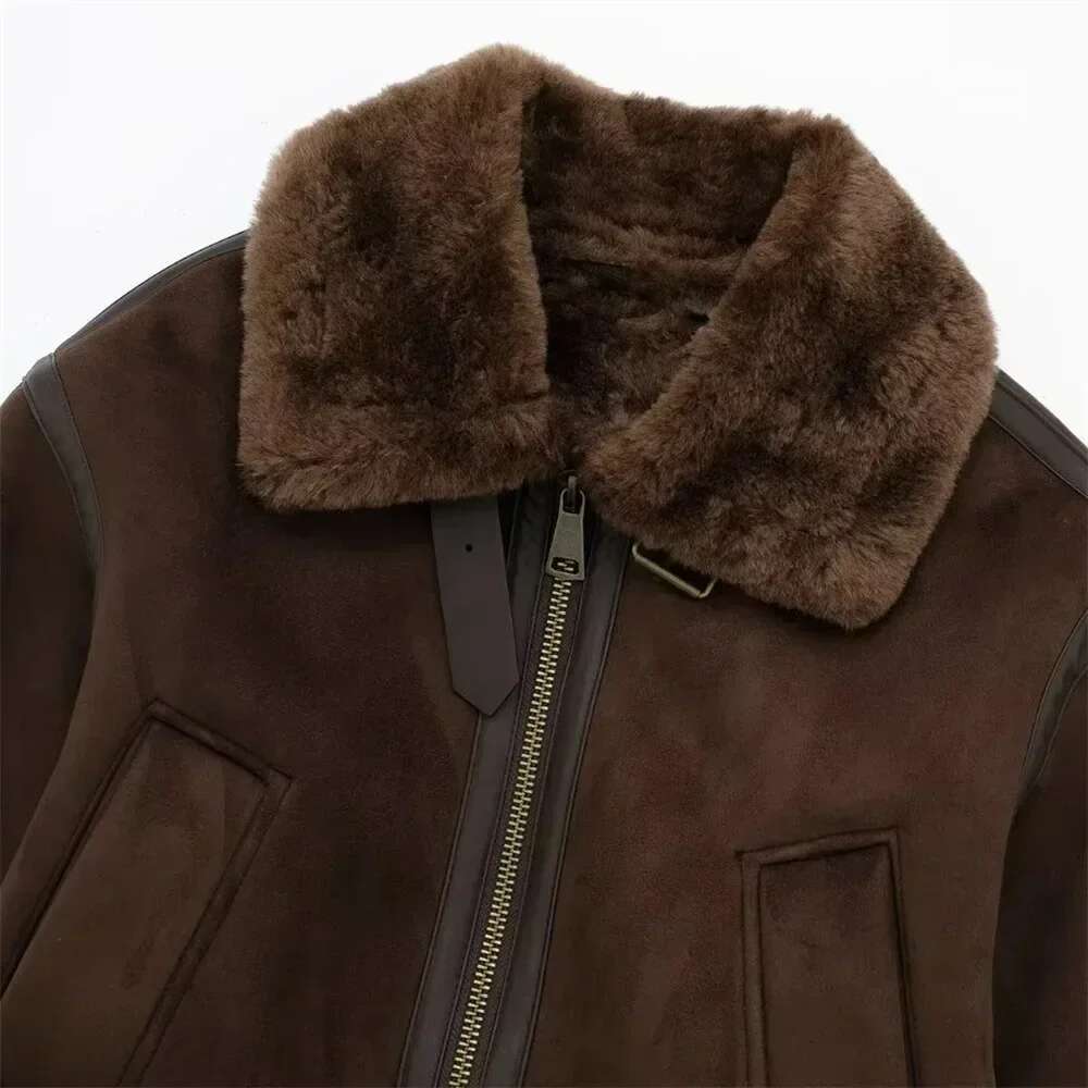 Fur Integrated Contrast Strap Decoration Loose Double Sided Jacket Coat Standing Neck Autumn And Winter New Women's Casual