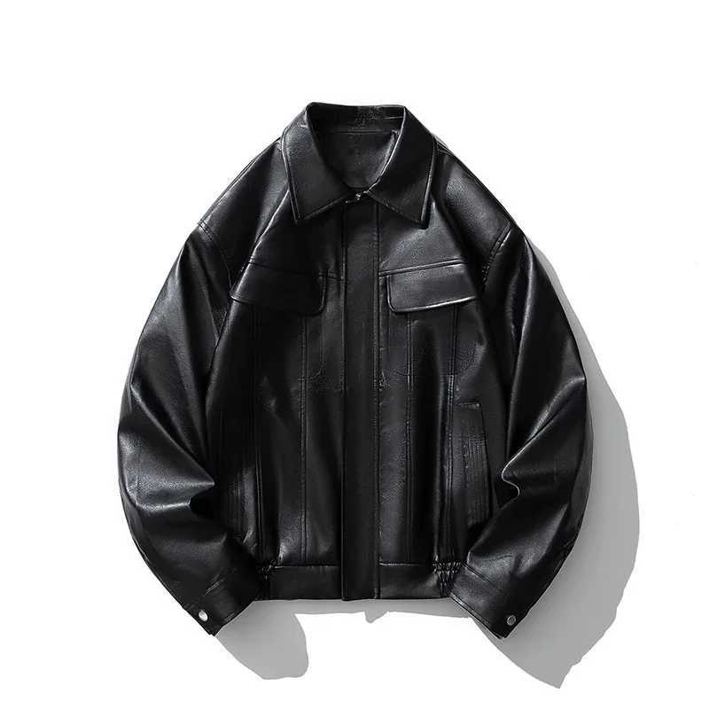 Mens artificial leather bomber jacket motorcycle lapel zipper bicycle jacket retro streetwear black brown jacket Y241018