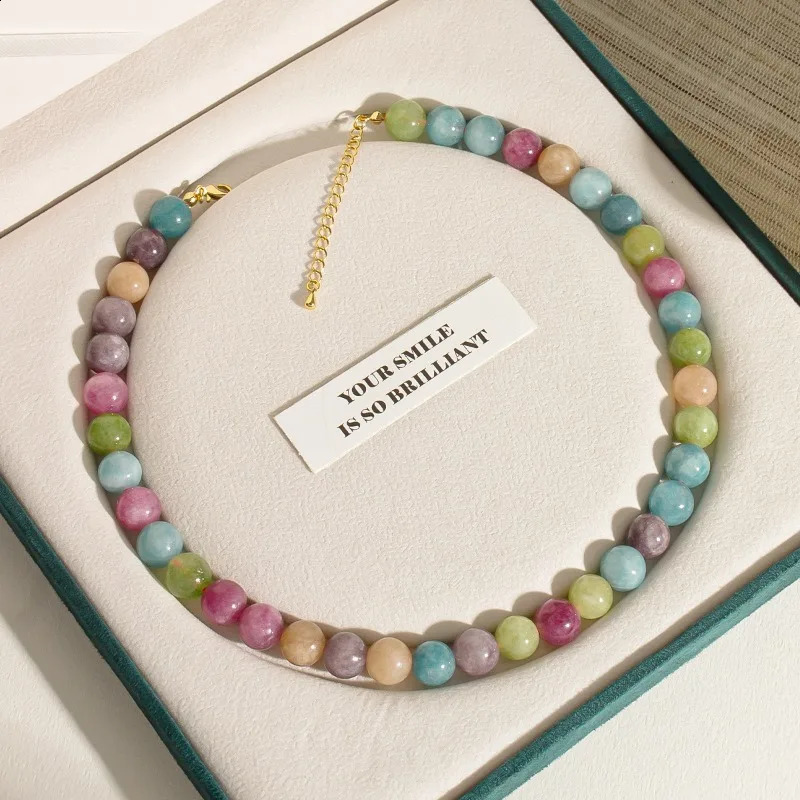 Bohemian dopamine colored natural stone round bead necklace very simple and elegant temperature womens necklace chain 241018