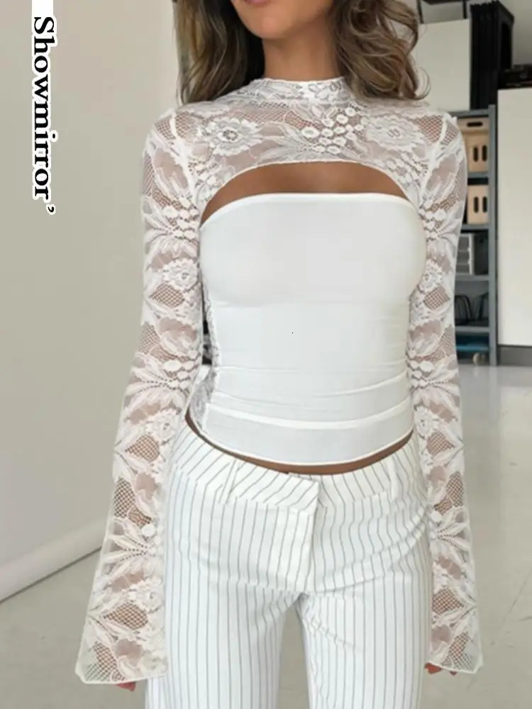 hollowedout lace cropped top tshirt hollow out chest long sleeve sexy y2k Girl party club gothic clothes shirt 241018