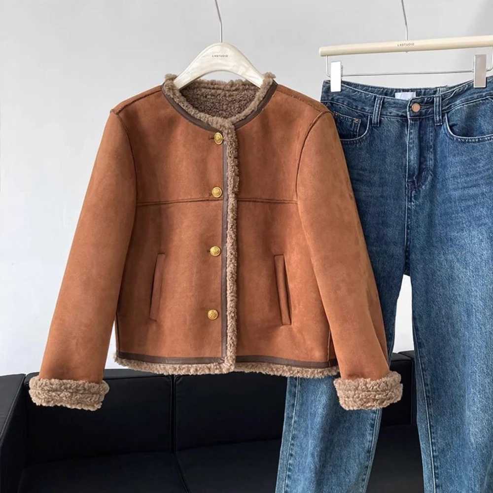 Women Thick Casual Jacket Autumn Winter Lambswool Patchwork Single Breasted Outerwears Vintage Temperament Office Lady CoatsX241018