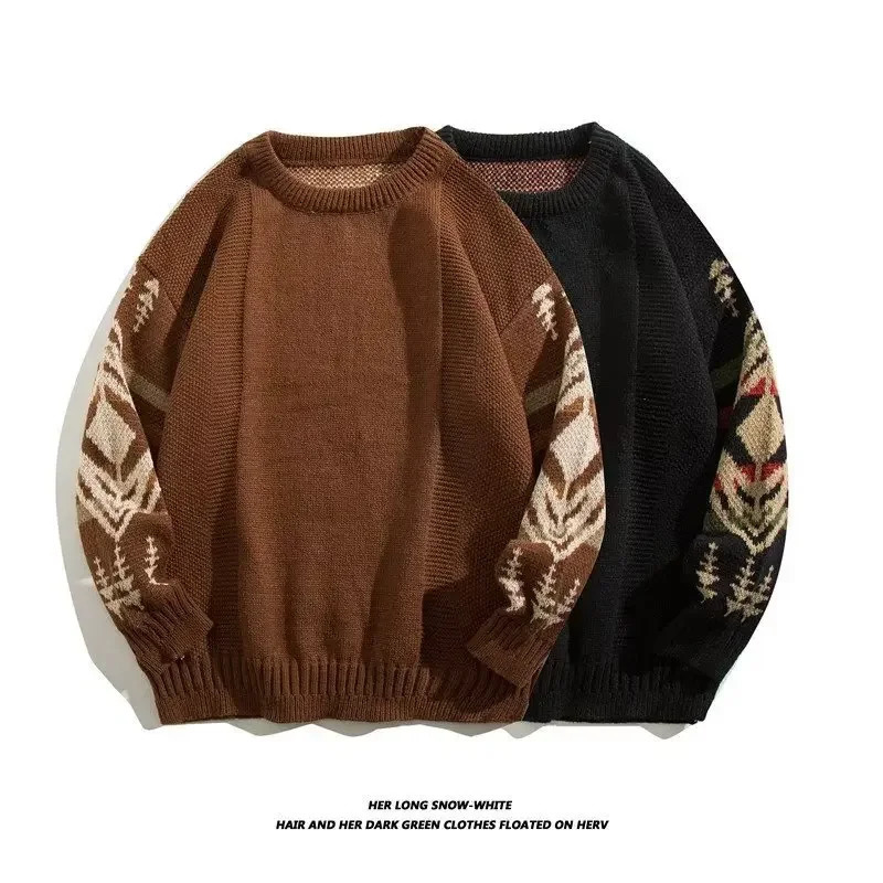 Mens Knitted Sweater With Cable Knit Round Neck Winter Wool Top Trendy Vintage LooseFit Pullover Coat For Men 241018