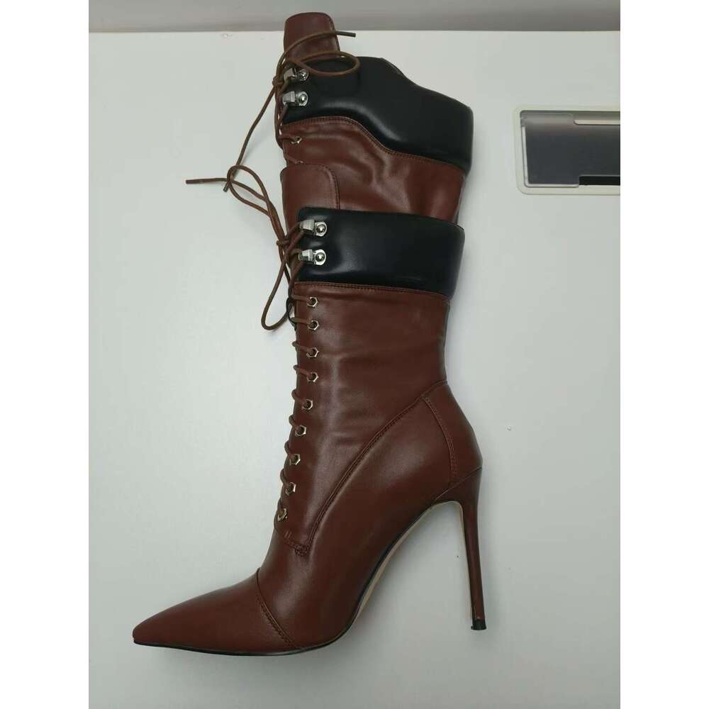 2024 new pointed thin super high heel double-layer strap fashion show plus knee length boots for women