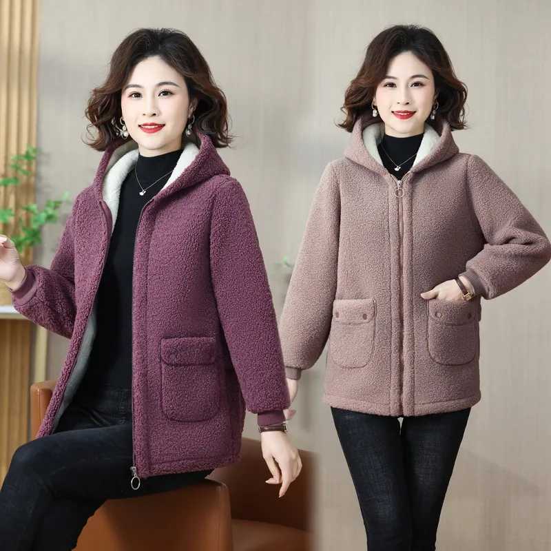 Lamb Wool Coat Womens Middle-Aged MoM Winter Plush Cotton Hoodie Jacket Female Warm Large Size Polar Fleece OutewearX241018