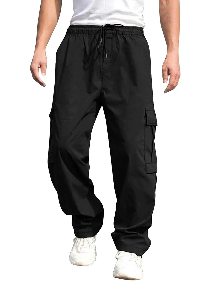 Men s Loose Cargo Long Pants Solid Color Drawstring Waist Straight Leg Trousers Casual Work with Pockets 241018
