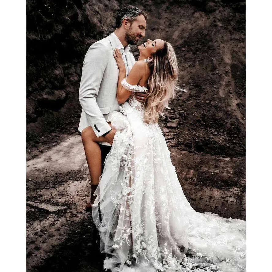 Bridal Gown Boho Dresses Wedding Off The Shoulder Strpas Tulle Lace Applique Sweep Train Custom Made Plus Size Garden Country Vestidos De Novia 666031