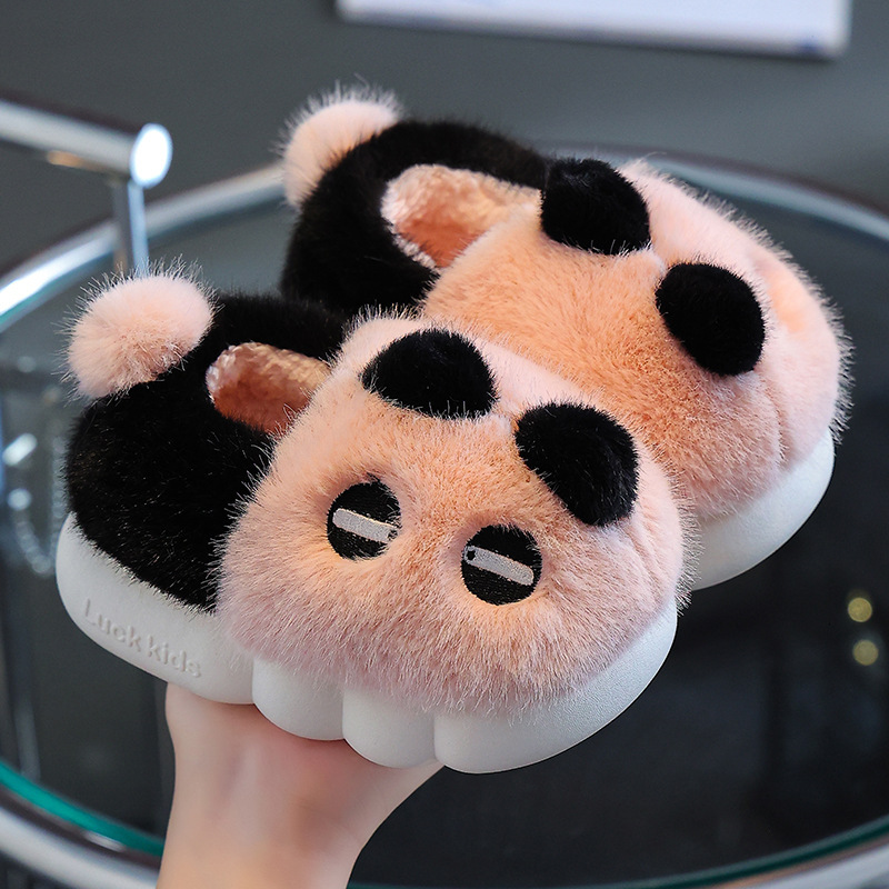 Panda children's cotton slippers for girls, indoor anti slip and warm with plush fur, boys' baby autumn and winter cotton slippers