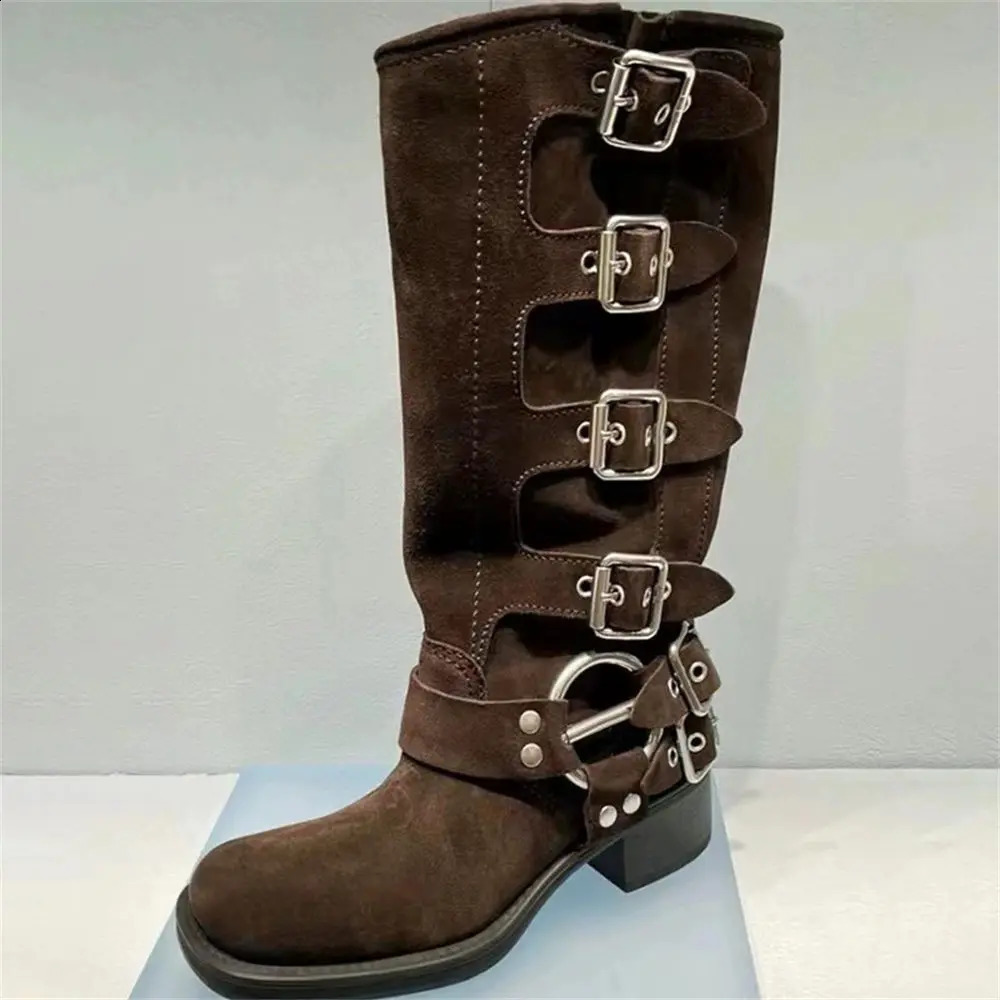 2024 cowhide leather womens y2k retro detachable bucket motorcycle boots brown buckle strap with boots241018 - view 7