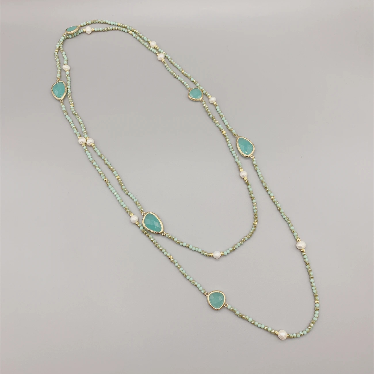Faceted Cut Irregular Aqua Quartz Long Necklace 5-6mm White Freshwater Pearl 2mm Crystal and 50 inch Hammer Strike Gold Beads 241017
