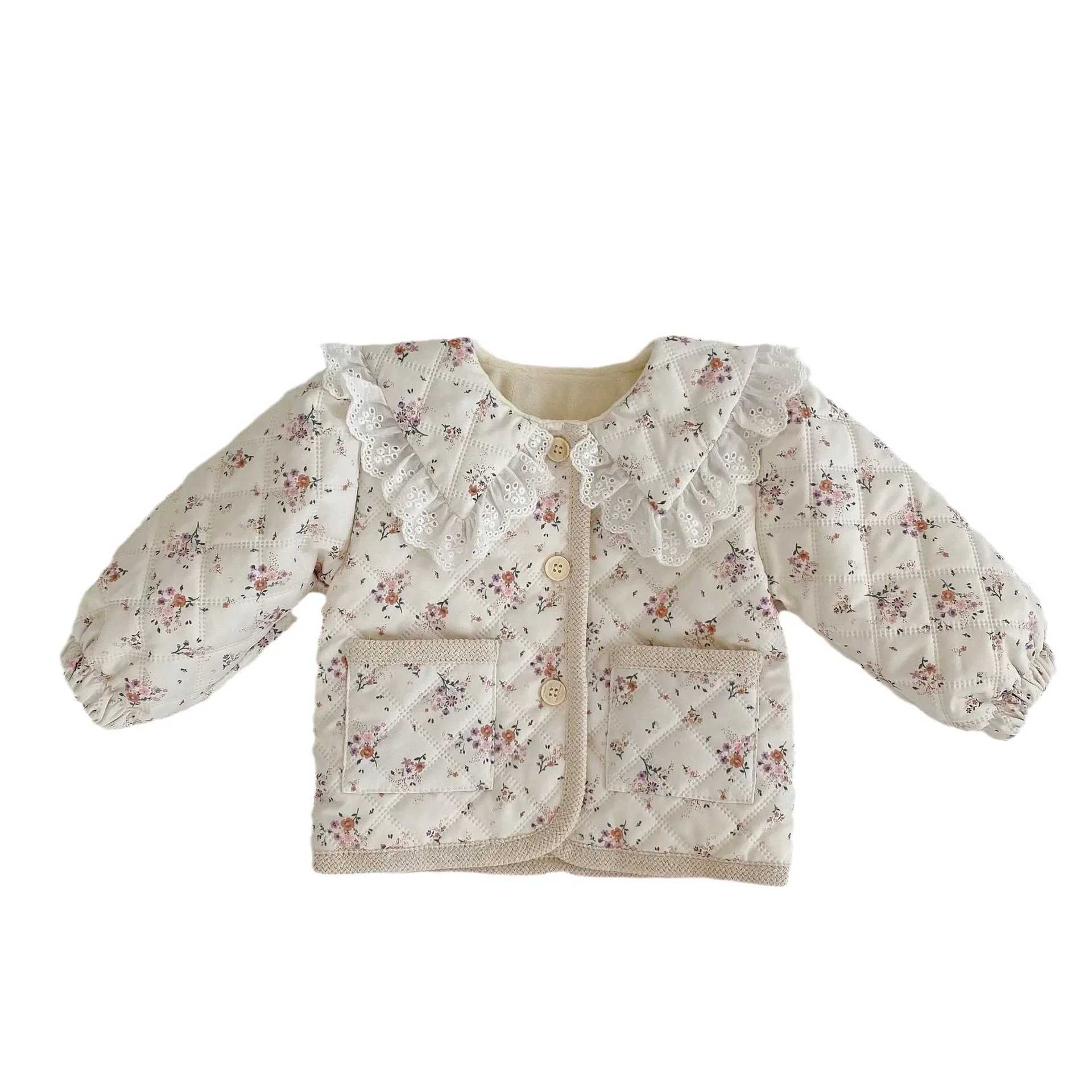 Winter New Baby Long Sleeve Wool Warm Coat Womens Flower Lace Collar Cardigan Cotton Pad Jacket Casual Clothing M241018