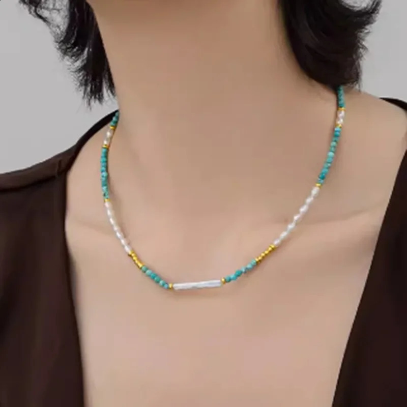 Minar Bohemian Turquoise natural stone freshwater pearl bead necklace suitable for women 14K pure gold copper plated necklace 241018