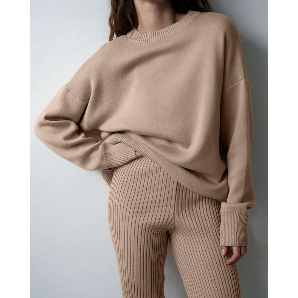 Hirsionsan Winter Thick Women Suits 2 Pieces Cashmere Female Sets O Neck Sweater & Wide Leg Pants Soft Knitted Track Suit