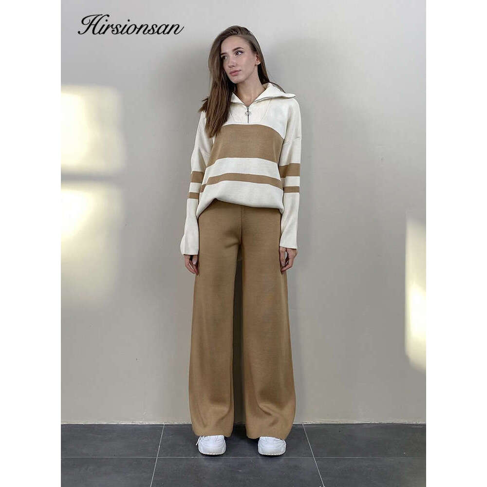Hirsionsan Winter Cashmere Women Suits Soft 2 Pieces Cusual Female Sets Zipper Sweater & Loose Pants Knitted Outfit 2023