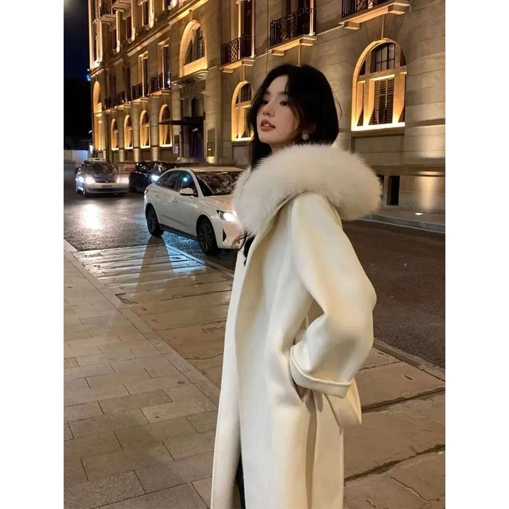 Natural Fox Soft Woolen Coats Female 2024 New Design Hooded Fur Wool Outerwear Jackets With Belt Women's Overcoats