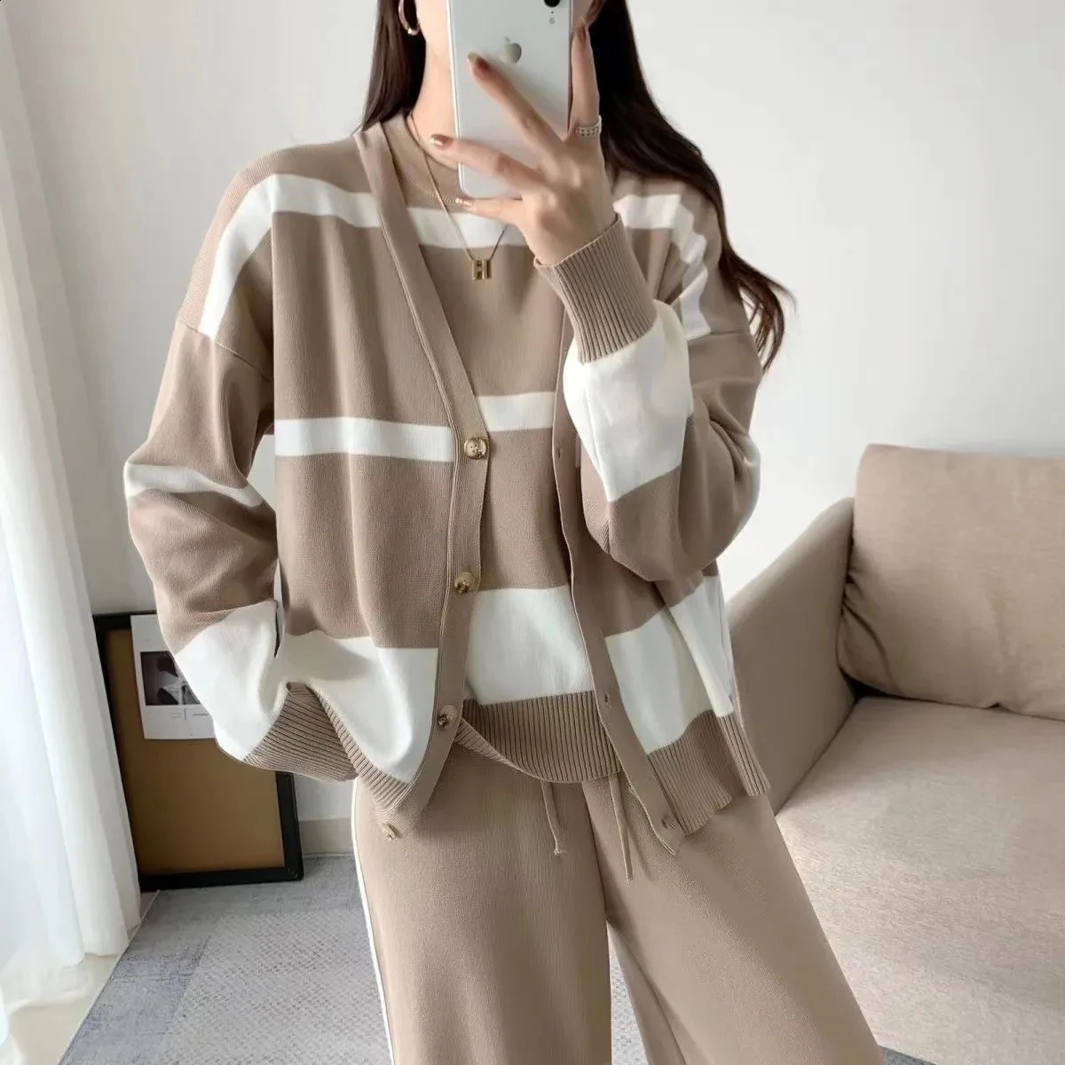 Knitwears Cardigan Striped Sweater Vest knit Wide Leg Pants Outfits Casual Knitted 3 Piece Sets Korean Fashion Loose Ensemble 241017