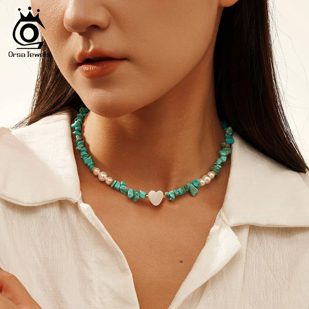 Orsa JEWELS 14K Gold Turquoise Necklace 925 Silver Shell Pearl Heart Pendant Necklace Jewelry Chain GMN57 241018