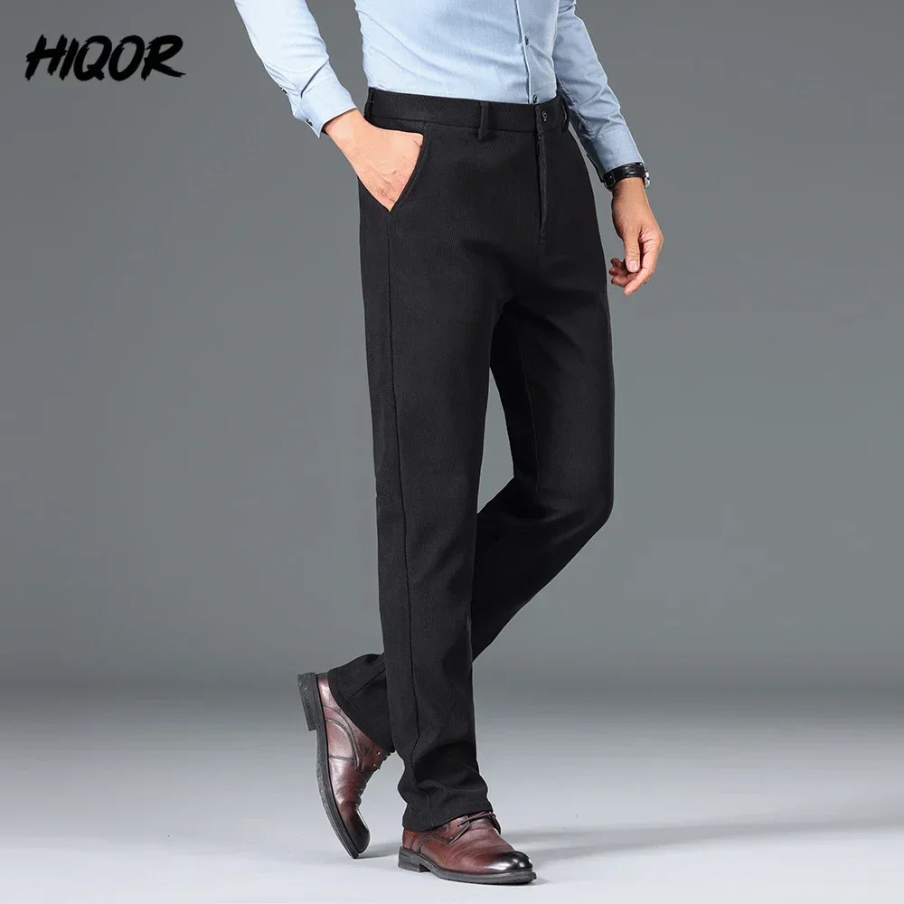 HIQOR Mens Casual Suit Pants Winter Thick Warm Gray Fleece Trousers for Men Business Straight Office Work Man 241018
