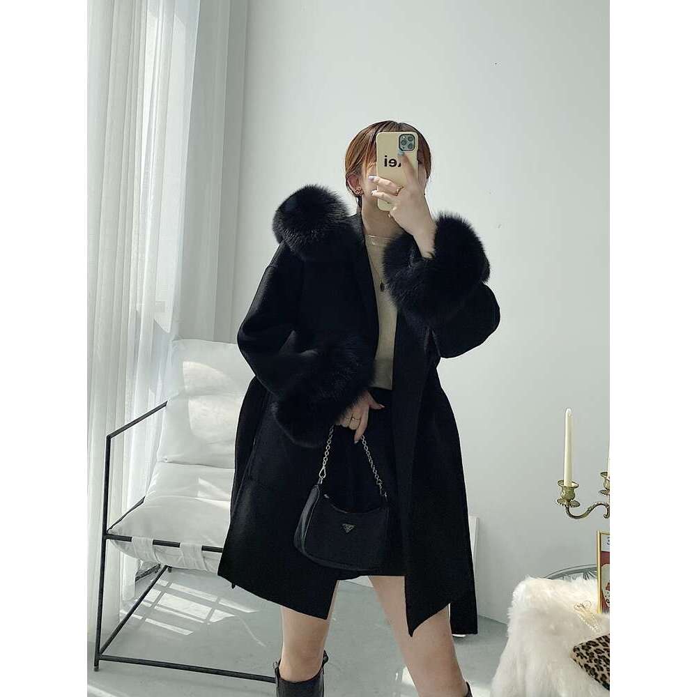 2023 Real Coat New Oversize Ladies Outerwear Winter Jacket Women Natural Fox Fur Collar Cuffs Hood Cashmere Wool Woolen