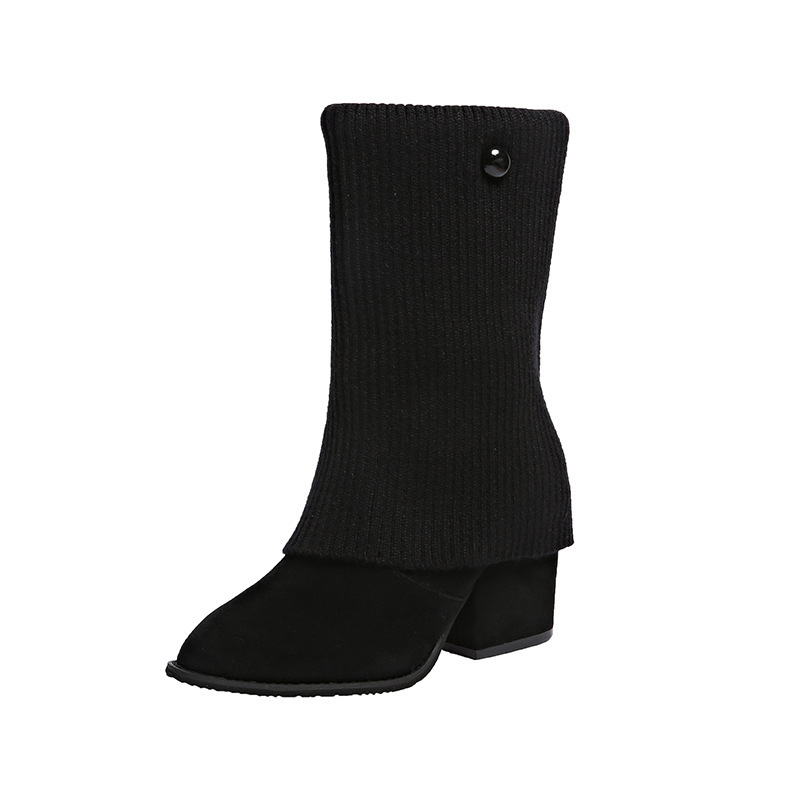 Sharp pointed, thick heeled Martin boots for women, 2024 autumn and winter new item, solid color, high heels, knitted, internet red, slim boots, midso