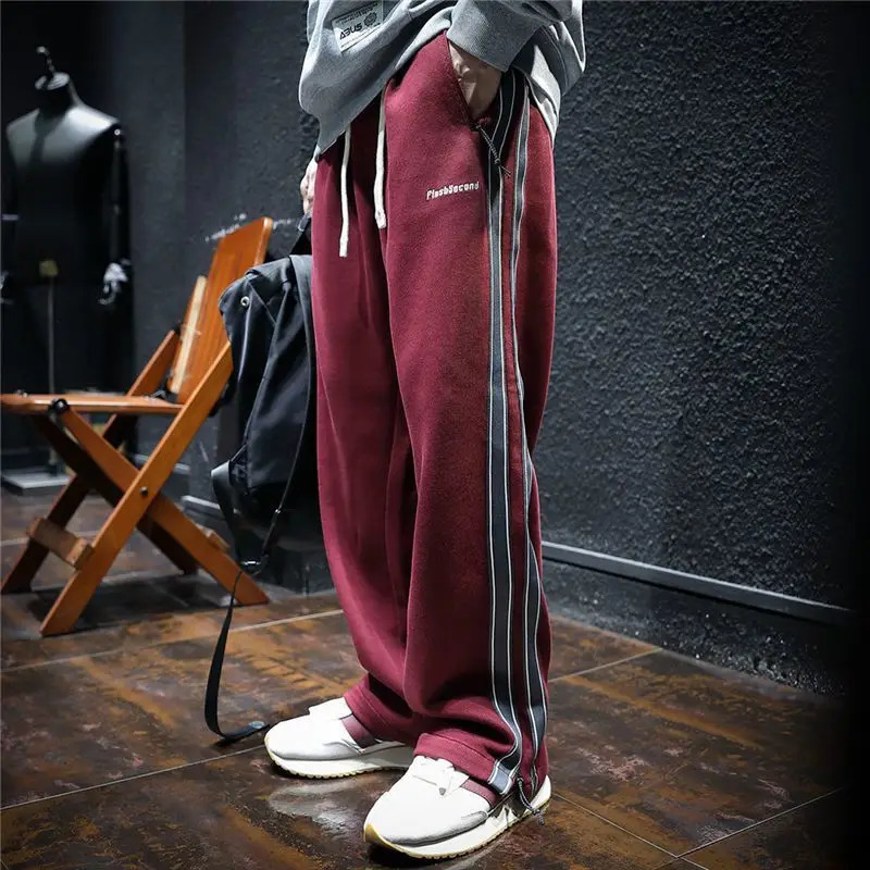 Korean Fashion Autumn Winter Sweatpants Men Elastic High Waist Pockets Striped Contrast Color Zipper Casual Straight Motion Pant 241018