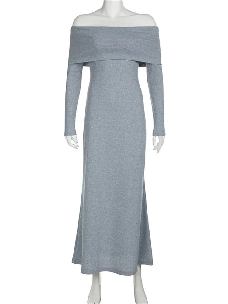 Off-Shoulder Knit Long Dress Women High Waist Slim Elegant Fashion Pleated Maxi Dress Long Sleeve Backless Knitwear Dress 241017