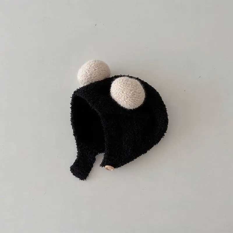 Cute Winter Warm Kids Girl Boys Baby Hats Fleece Wool Hemming Caps with Ball Solid Wool Ear Protection Hats Soft Newborn Bonnet LX241018