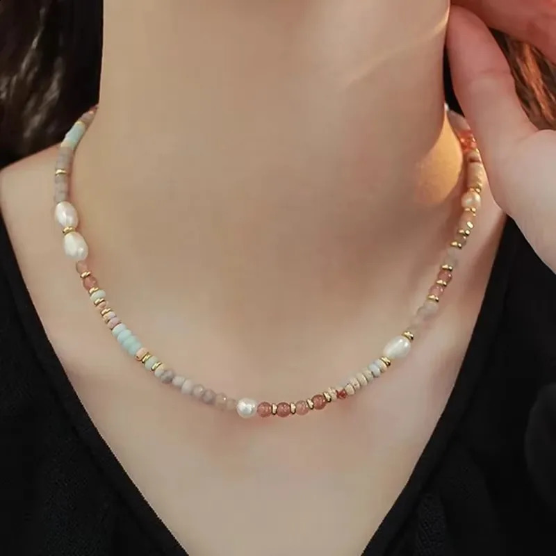 Minar Boho multi-color natural stone crystal freshwater pearl bead necklace suitable for women 14K pure gold copper plated necklace 241018