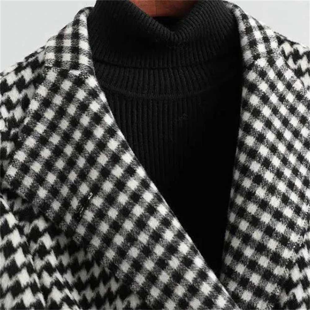Women Long Plaid Woolen Jackets Houndstooth Waistband Coats Spring Blends Long Outerwear Autumn Belt Overcoat Wool S-2xlX241009