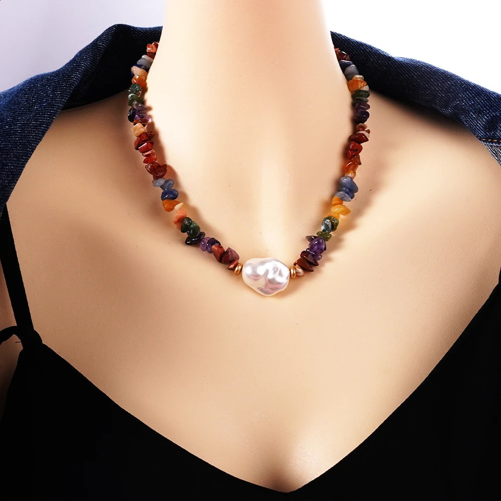Natural gemstone necklace irregular red coral chip stone natural pearl jewelry production stainless steel accessories necklace 241018
