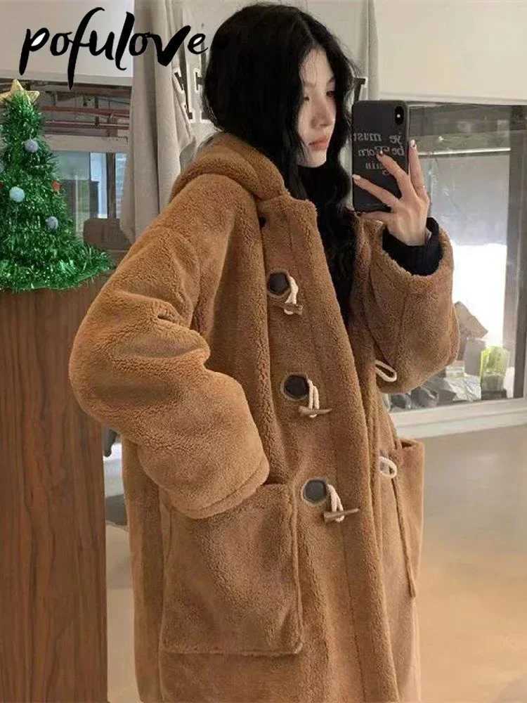 Lamb Wool Coats Woman Fleece Hoodies Jacket Cowhorn Button Loose Coat Winter Warm Female Mid Length Korean Thick OvercoatX241009