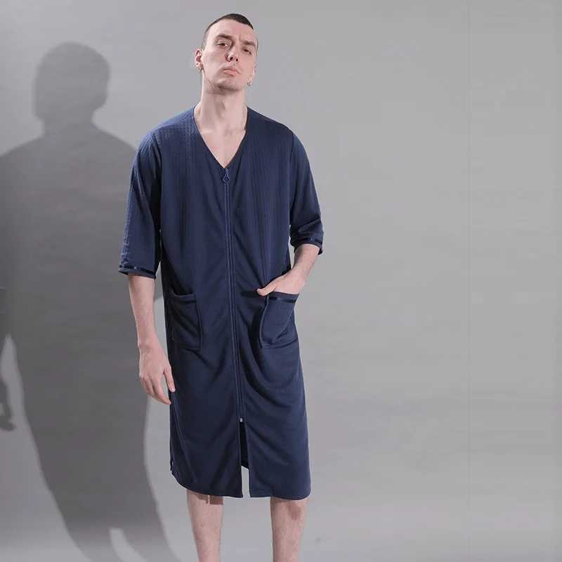 3XL Men Bathrobe Zipper Thin Summer Plaid Robes Nightwear Plus Size Casual Loose Long Bath Robe Dress Gown Nightgown SleepwearXJ241018
