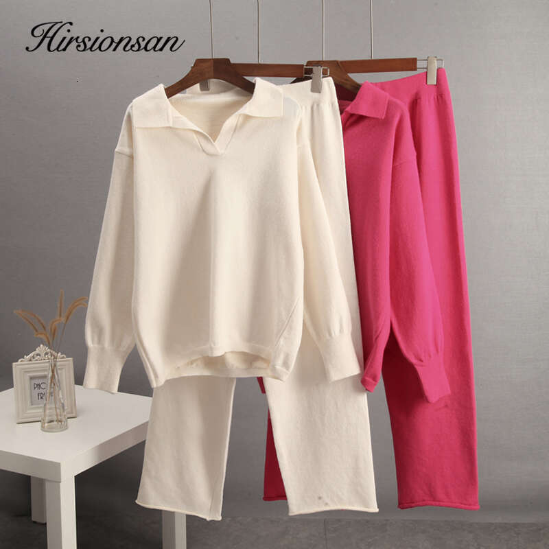 Hirsionsan Winter Thick Women Suits Soft 2 Pieces Cashmere Female Sets Polo Neck Sweater & Wide Leg Pants Knitted Outfit