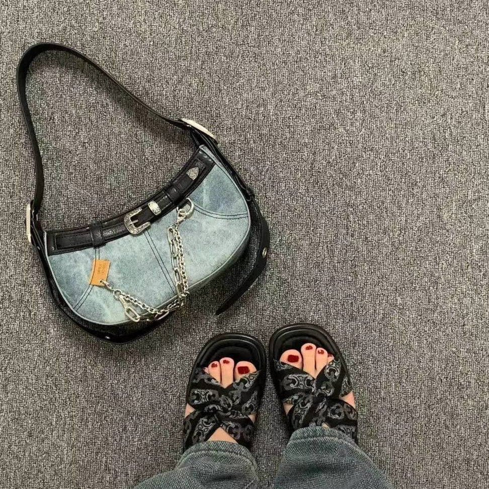 Retro American Fashion High Denim Fabric Women's Handbag Pocket Large Capacity Boston Crossbody Bag