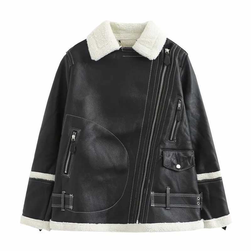 Evfer Winter Fashion Lady Patchwork Lamb Wool Warm Jackets Outwear Women Stylish Turn-Down Collar Zippers Faux Leather CoatsX241018