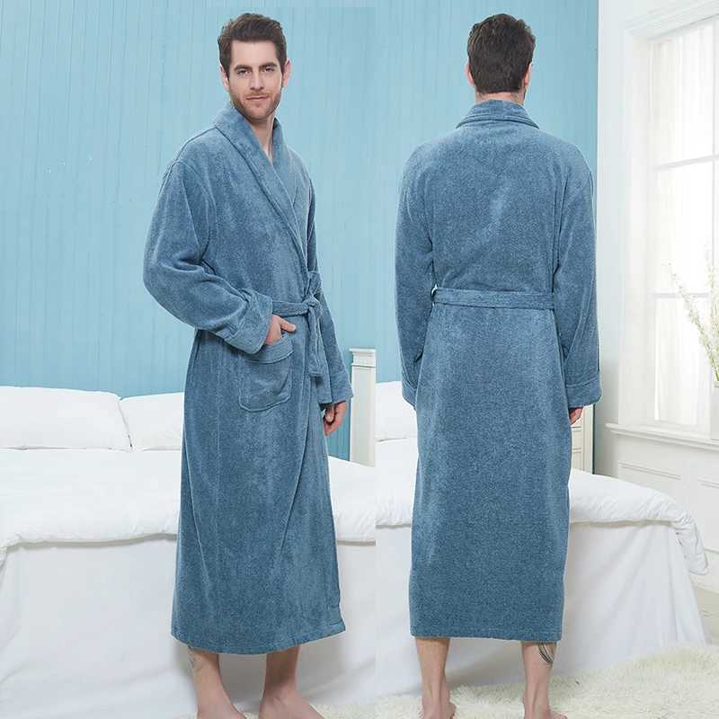 Bathrobe Man Extra Long 100% Cotton Male Thick Towel Fleece Dressing Gown Mens Bathrobe Winter Robe Plus Size XXL Robe PajamasXJ241018