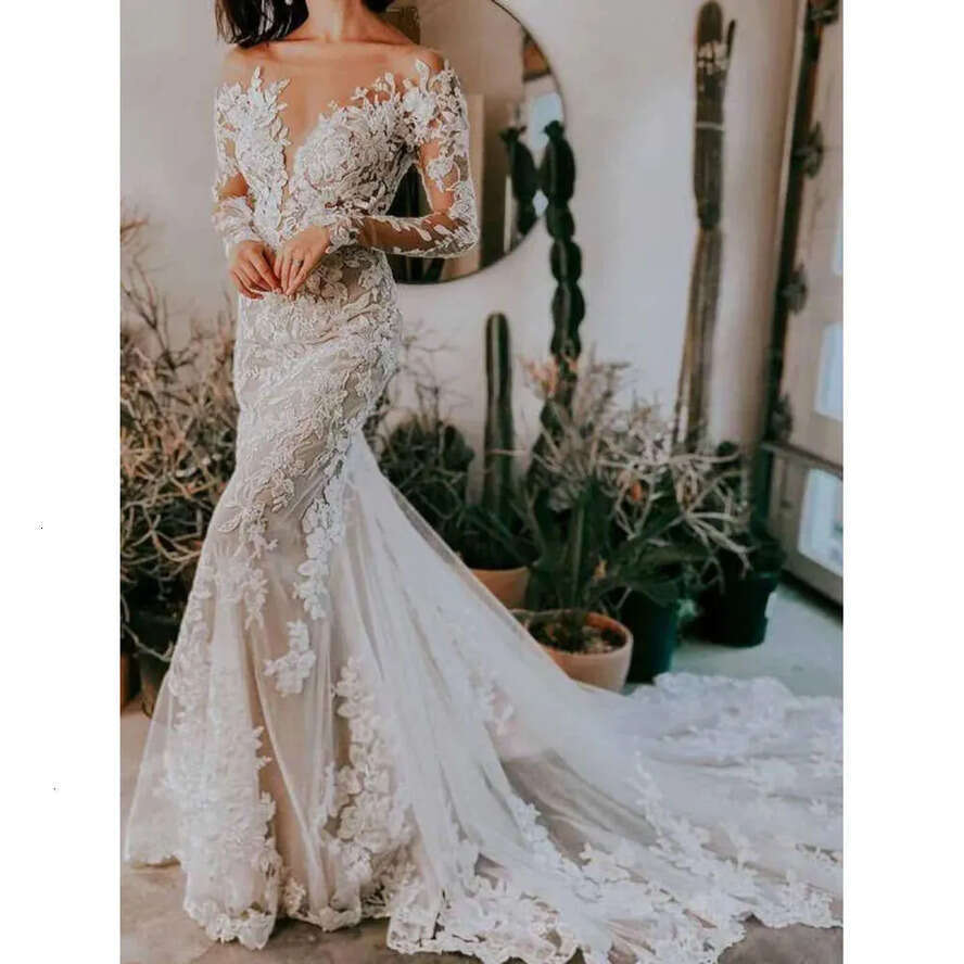 Boho Wedding Mermaid Long Sleeves Dresses Elegant Sheer Scoop Neck Lace Applique Sweep Train Beach Garden Plus Size Vestido Backless Bridal Gown De Bc