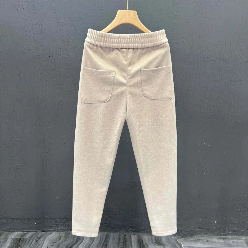Simplicity Trend Casual Autumn And Winter Men Woolen Solid Elastic Waist Pockets Button Korean Fashion Loose Pencil Pants 241018
