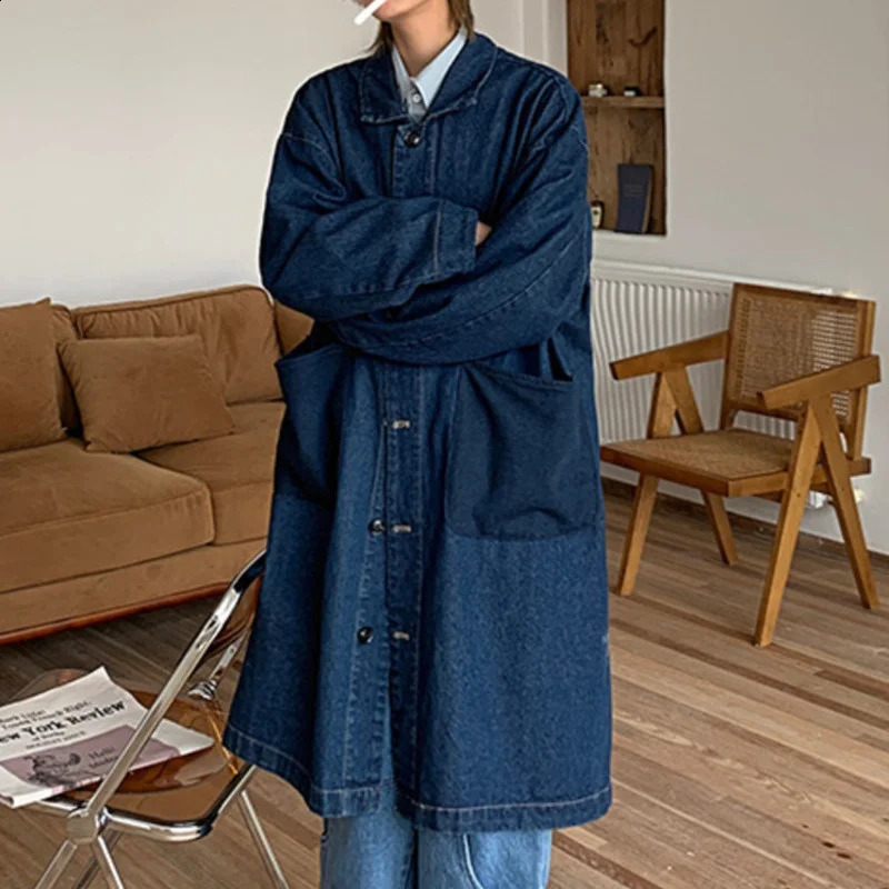 IEFB Mens Coat Autumn Loose Denim Windbreaker Fashion Harajuku Unisex Knee Long Trench High Street Korean Outerwear 28A3615 241017