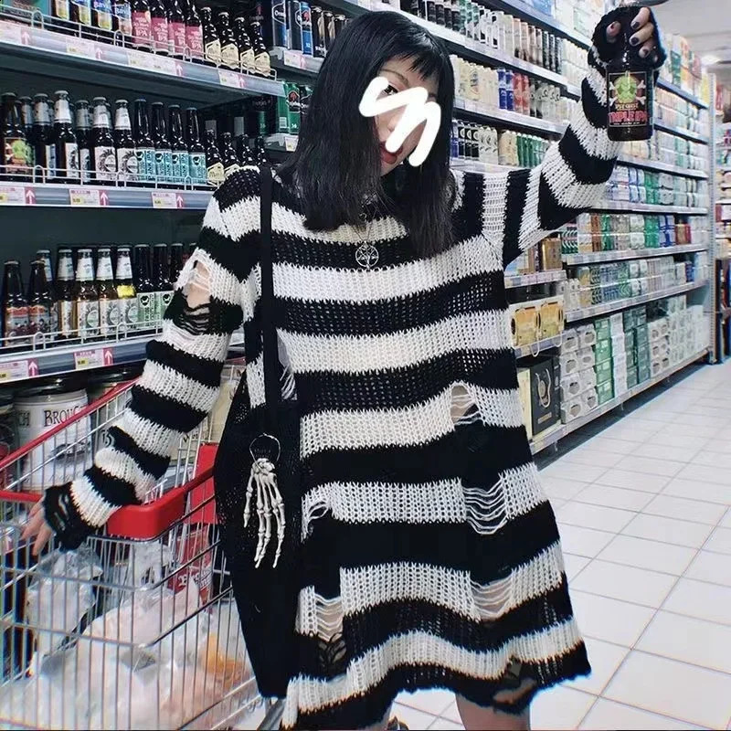 Goth Punk Gothic Sweater Oversized Pullover Striped Cool Hollow Out Hole Broken Jumper Harajuku Aesthetics 241009